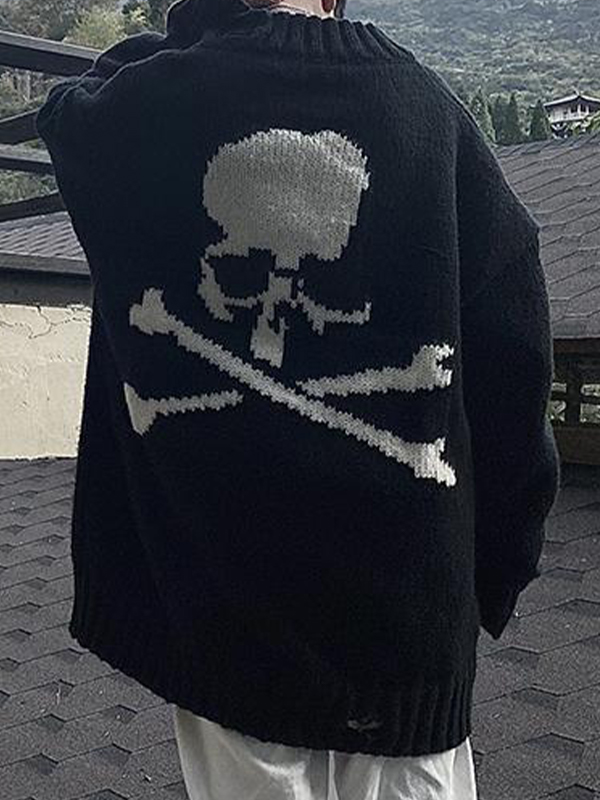 Men's Skull Tattered Hem Loose Sweater-2