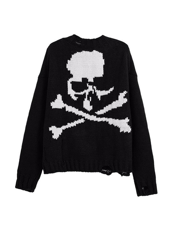 Men's Skull Tattered Hem Loose Sweater-4