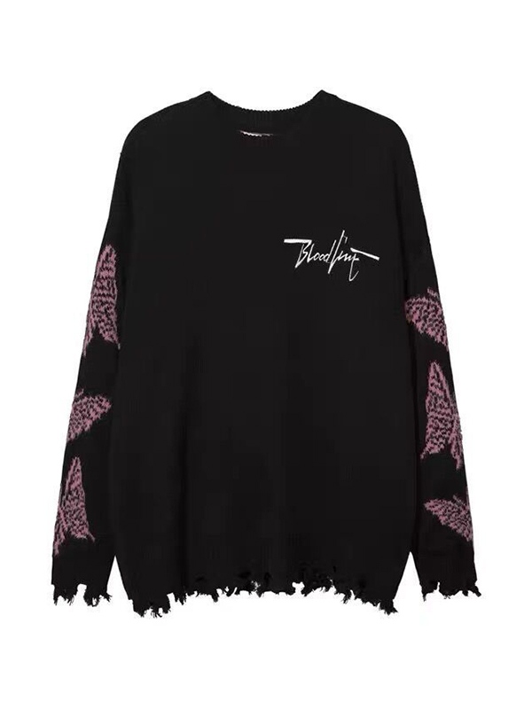 Men's Butterfly Print Frayed Hem Sweater-1