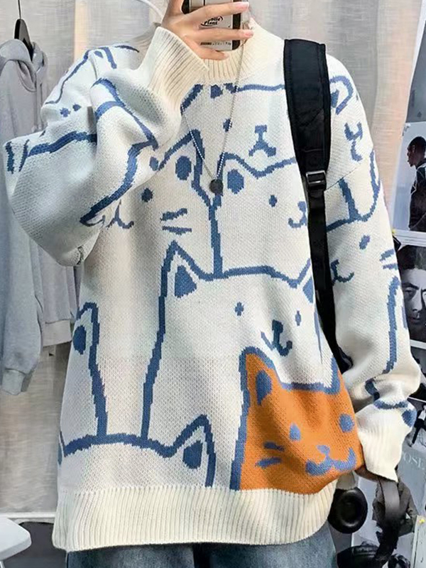 Men's All Over Cartoon Cat Jacquard Crew Neck Sweater-1