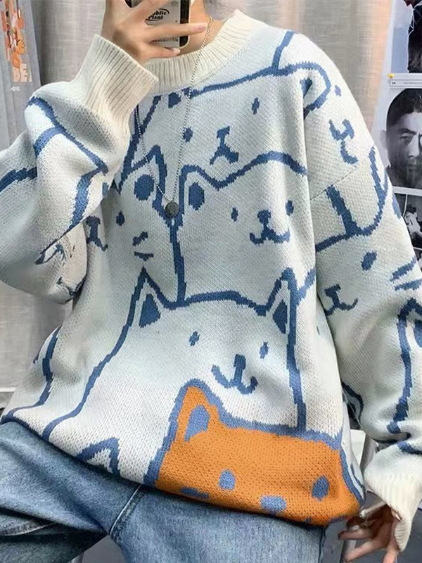 Men's All Over Cartoon Cat Jacquard Crew Neck Sweater-2