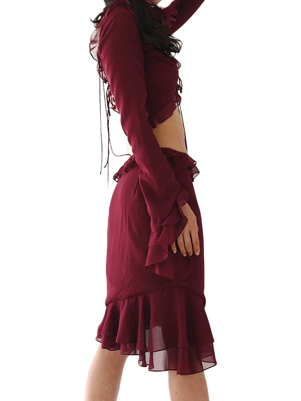 Chiffon Ruffled Trim Tie Front Long Sleeve Tee&Split Skirt Set-3