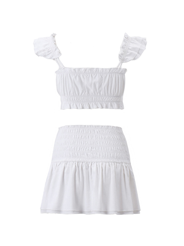 Solid Smocked Lettuce Trim Cami Top&Pleated Mini Skirt Set-7