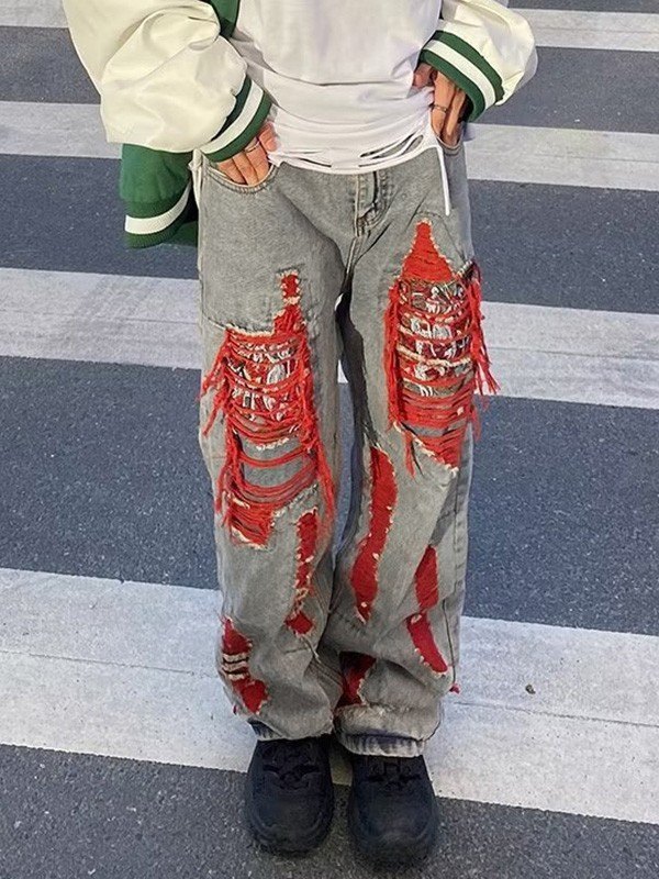 Men's Blue Wash Distressed Loose Jeans-3