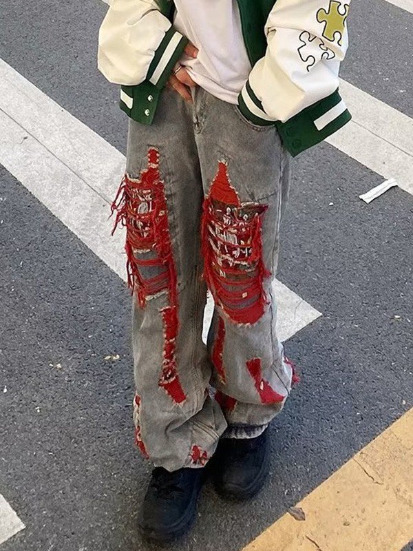 Men's Blue Wash Distressed Loose Jeans-1