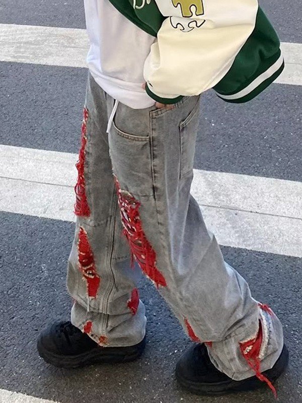 Men's Blue Wash Distressed Loose Jeans-2