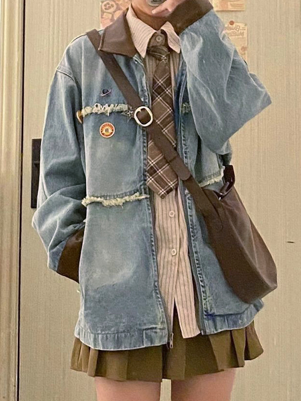 Vintage Contrast Splice Raw Trim Zip Up Denim Jacket-1