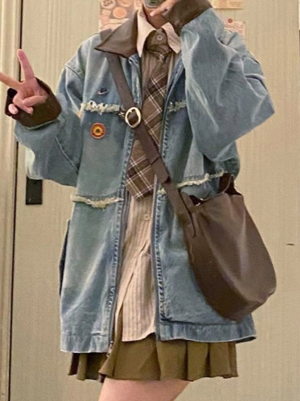 Vintage Contrast Splice Raw Trim Zip Up Denim Jacket-2