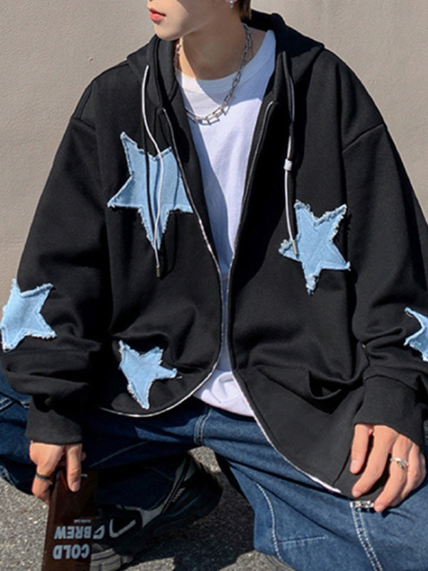Men's Star Patch Zip Up Hoodie-5