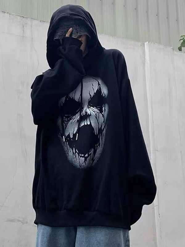 Men's Hip Pop Skull Print Oversized Hoodie-4