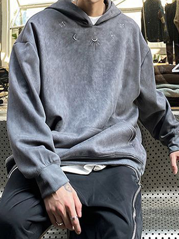 Men's Suede Moon Star Embroidery Oversized Hoodie-1