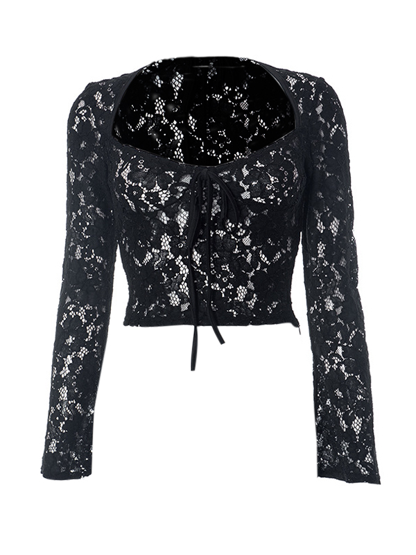 Lace V Neck Tie Up Crop Long Sleeve Tee-2