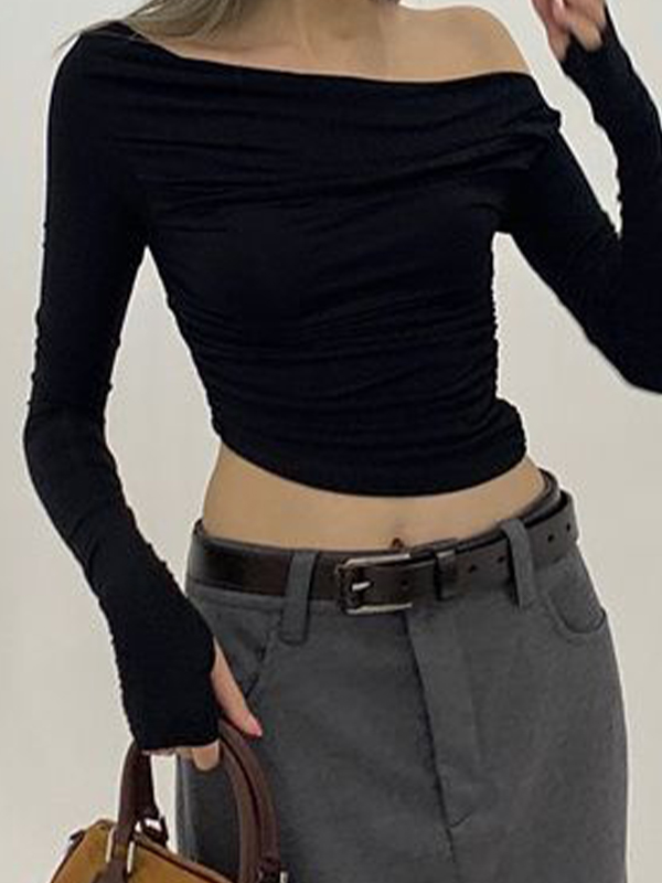 Solid Off Shoulder Asymmetric Design Long Sleeve Tee-1