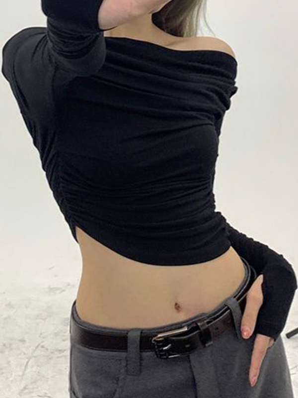 Solid Off Shoulder Asymmetric Design Long Sleeve Tee-2