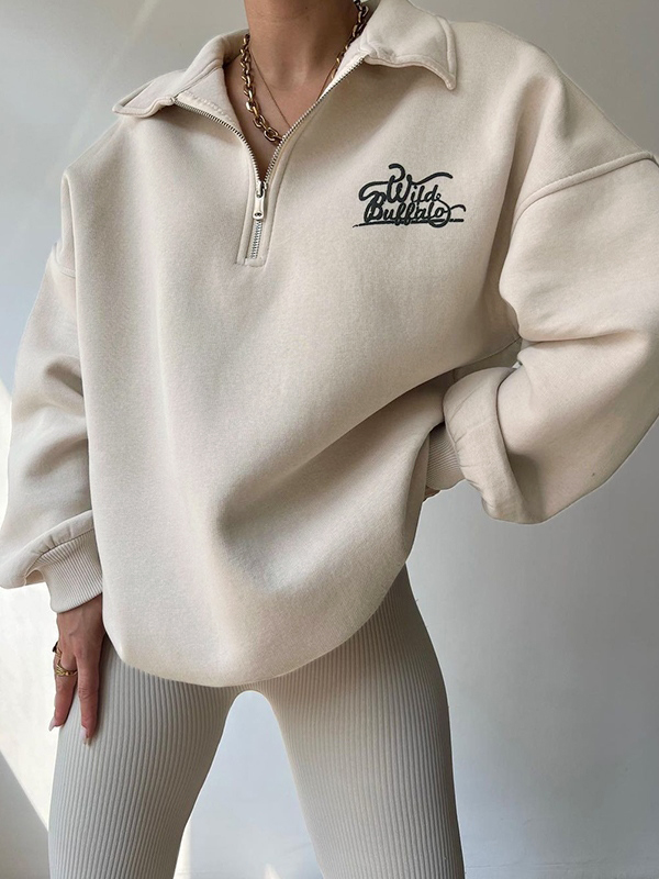 Letter Print Half Zip Sweatshirt-1
