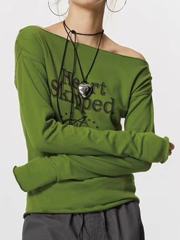 Off Shoulder Letter Print Long Sleeve Tee-1