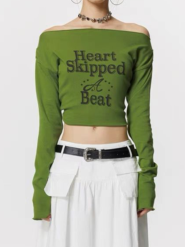 Off Shoulder Letter Print Long Sleeve Tee-3