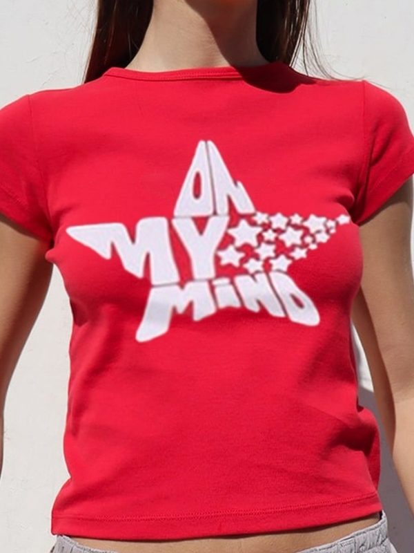 Star Letter Print Cropped Short Sleeve Tee-1