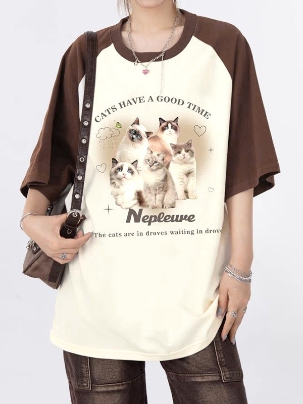 Vintage Cat Print Raglan Oversized Short Sleeve Tee-2