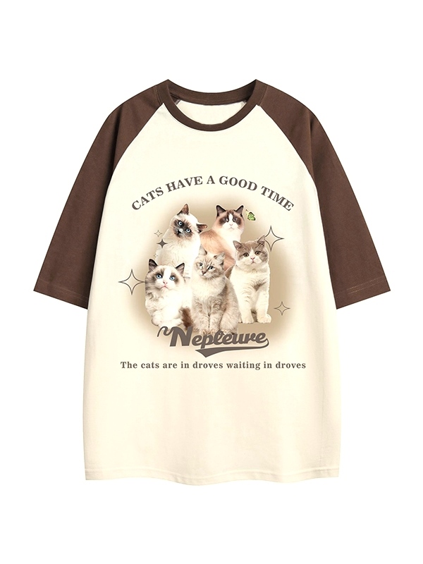 Vintage Cat Print Raglan Oversized Short Sleeve Tee-3