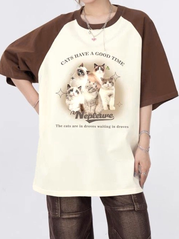 Vintage Cat Print Raglan Oversized Short Sleeve Tee-1