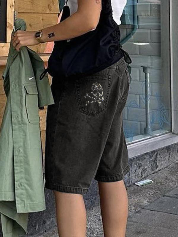 Skull Diamond Straight Leg Denim Shorts-1