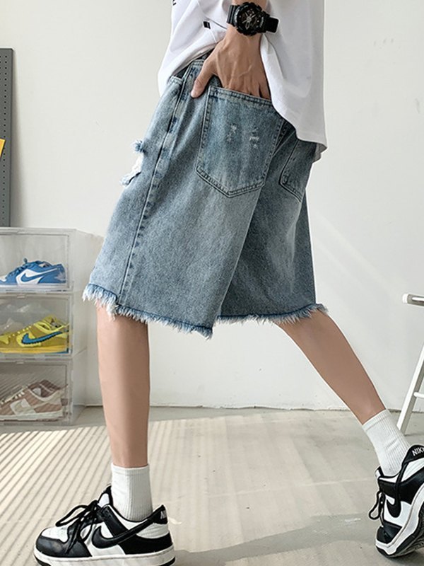 Men's Vintage Distressed Ripped Denim Shorts-4