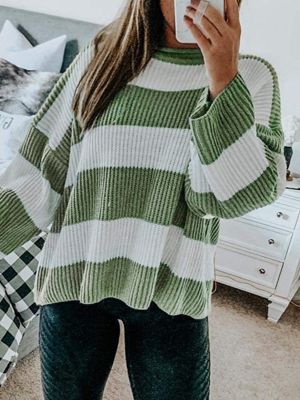 Casual Rib Stripe Baggy Knit Sweater-1