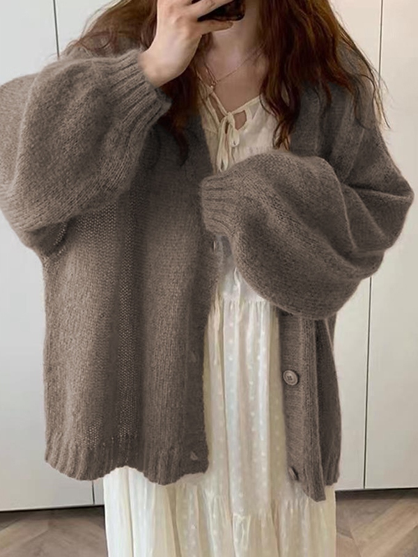 Mohair Solid Lantern Sleeve Baggy Cardigan-2