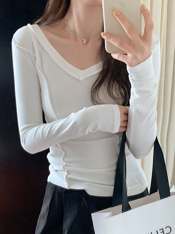 Solid V Neck Seam Detail Slim Long Sleeve Knit-1