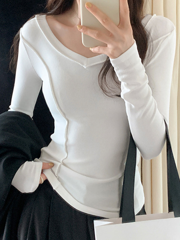 Solid V Neck Seam Detail Slim Long Sleeve Knit-4