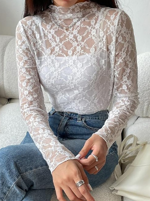 All Over Lace Mock Neck Long Sleeve Tee-3
