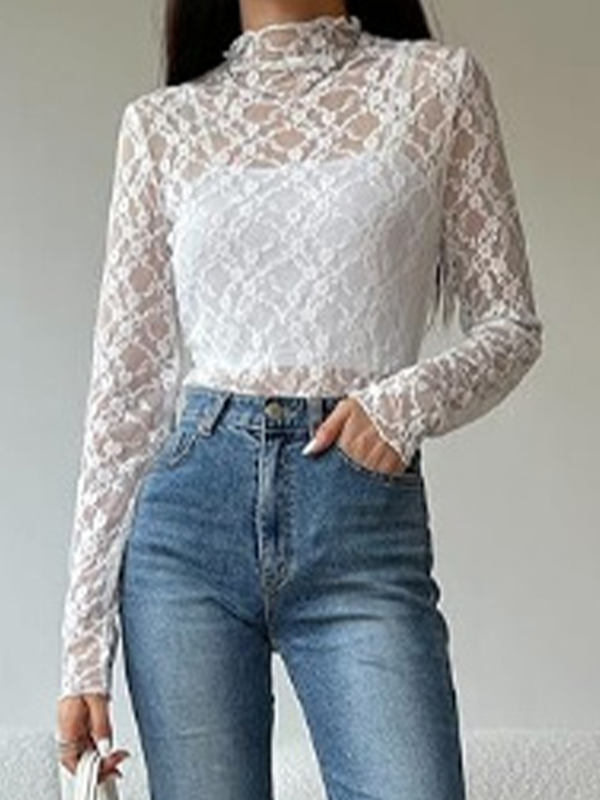 All Over Lace Mock Neck Long Sleeve Tee-4