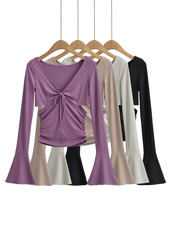 Solid V Neck Side Cutout Trumpet Sleeve Long Sleeve Knit-1