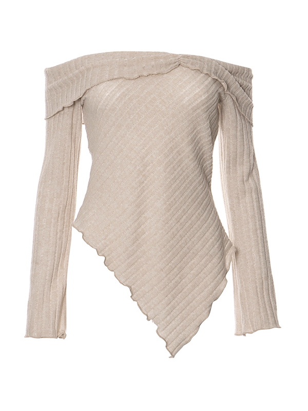 Solid Off Shoulder Fungus Irregular Hem Long Sleeve Knit-5