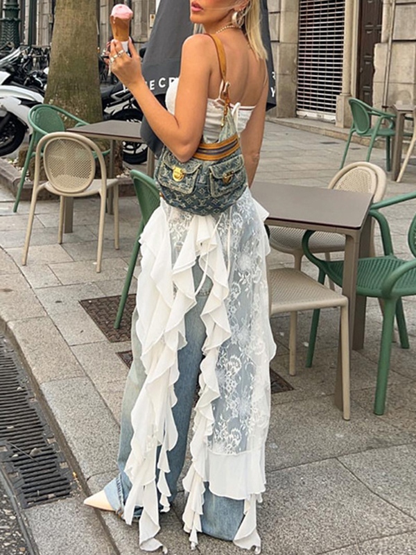 Lace Splice Irregular Ruffled Hem Cami Top-3