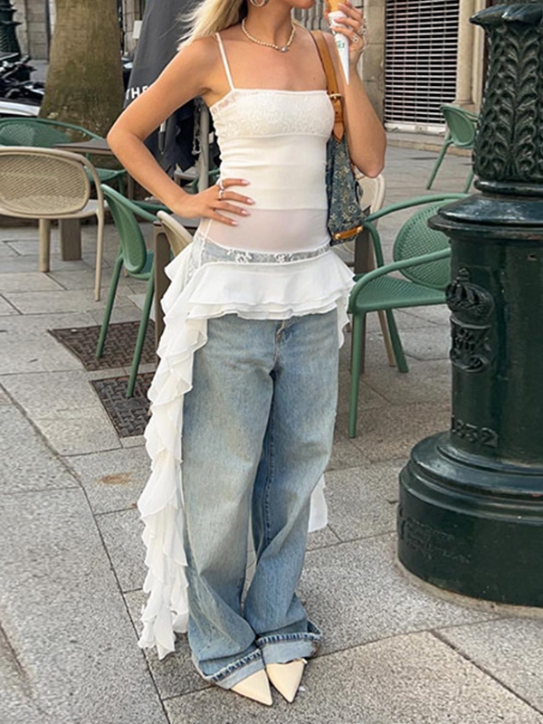 Lace Splice Irregular Ruffled Hem Cami Top-2