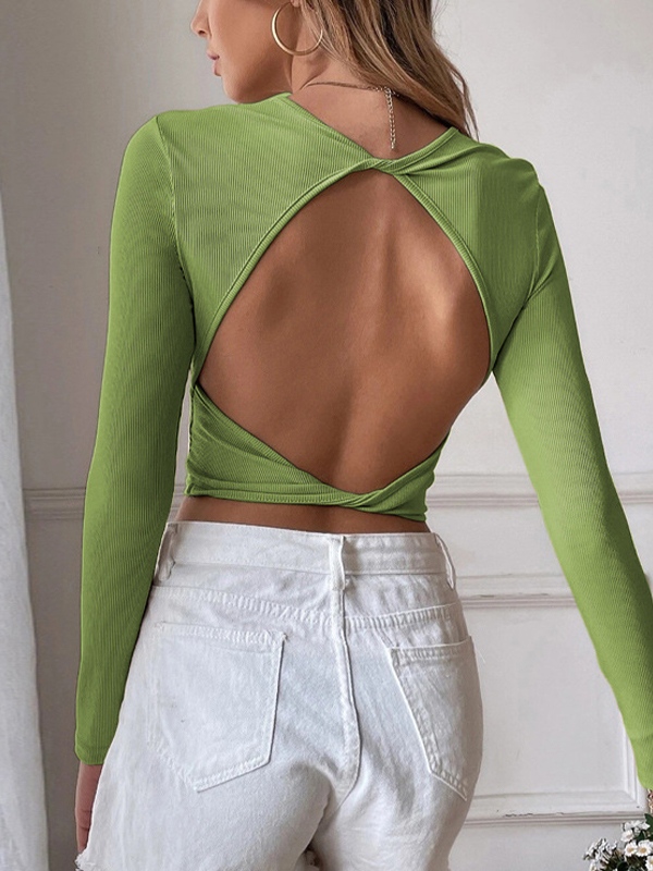 Solid Cutout Backless Twist Back Long Sleeve Knit-1