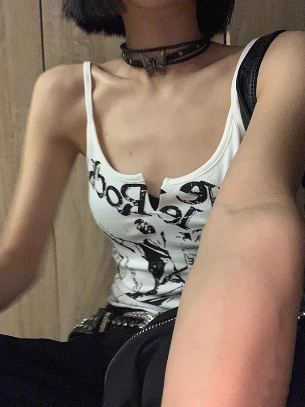Graffiti Print Notched Neck Cami Top-2