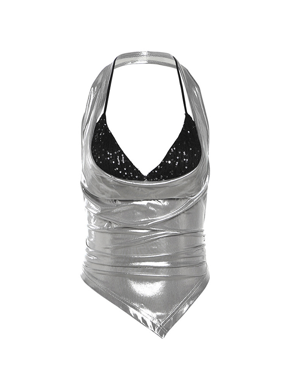 Metallic Sequin Halter Backless Tank Top-5